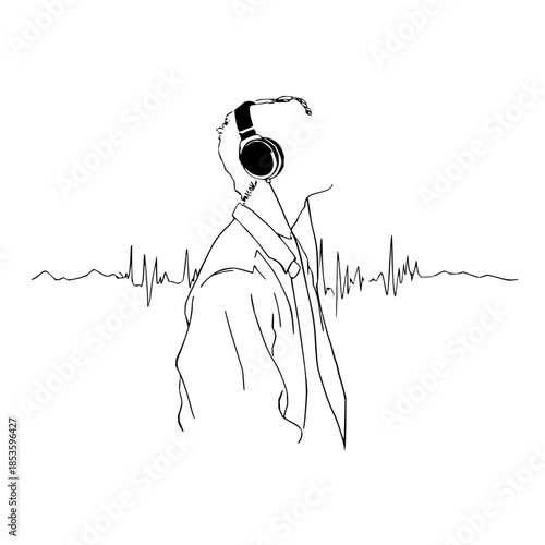 Minimalist line art of a person wearing headphones with sound waves emanating from either side of the figure