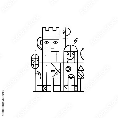 Geometric illustration of a king and queen with minimalist line art and abstract symbols surrounding them