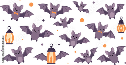 Halloween background illustration with purple bats flying around lanterns on white