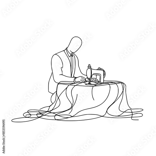 Line drawing of a tailor in a suit using a sewing machine with draped fabric on a table in black and white