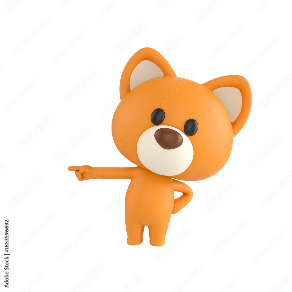 Obraz premium Cute 3D render Cartoon Dog character pointing to the side with one hand while the other rests on the hip, confident and instructive pose, isolated on white background.