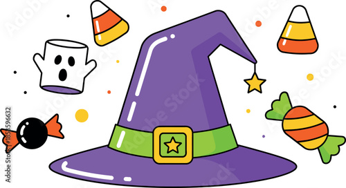 Purple witch hat with candy and ghost for halloween celebration decoration