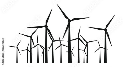 A field of wind turbines stretches toward the horizon in a striking black and white silhouette