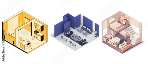 Diverse isometric interior design concepts featuring studio, loft, and contemporary living spaces