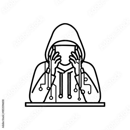 Line art of hooded figure with hands near face and circuit board design on clothing on a table top