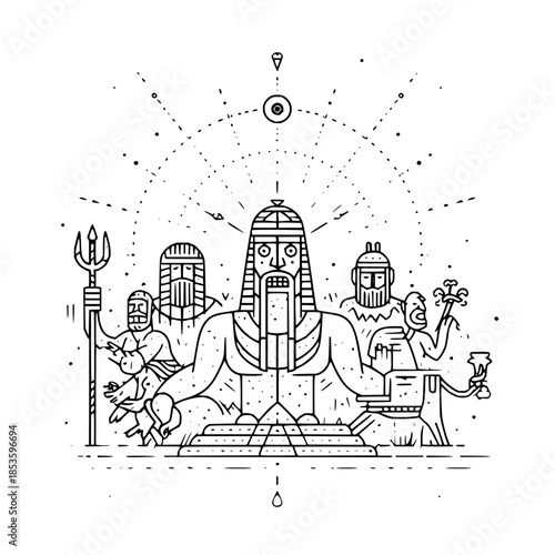 Stylized illustration of a group of figures with beards and ornate headwear in black and white