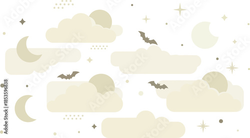 A blurry image of a white background with beige shapes and green leaves scattered throughout randomly