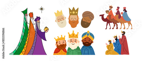 Illustrations of the three wise men in various styles, celebrating the epiphany holiday
