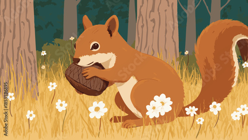 Adorable illustrated squirrel holding a big nut in a sunny forest clearing