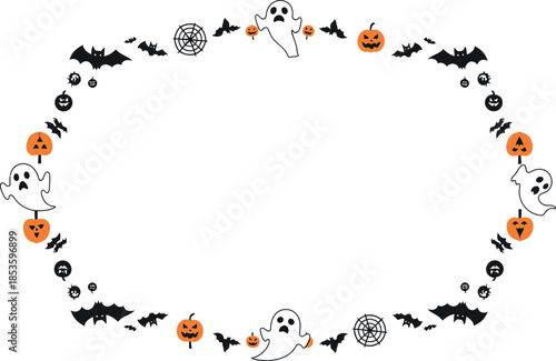 Halloween themed circular border with bats pumpkins ghosts and spiders on white background
