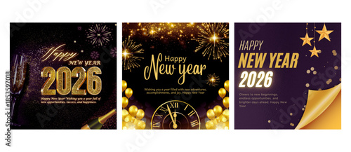 Sparkling celebration of happy new year 2026 with champagne and dazzling fireworks