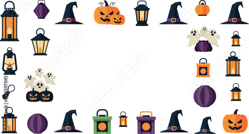Halloween decorations and symbols arranged in a border on white background