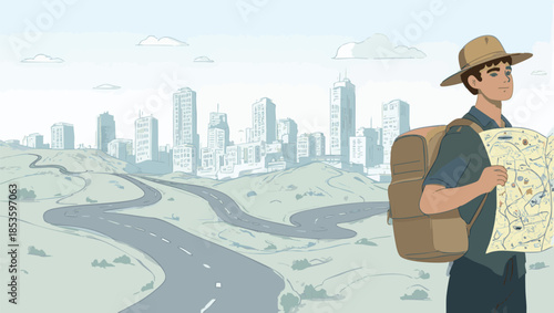 Adventurous Traveler Exploring Cityscape with Map and Backpack