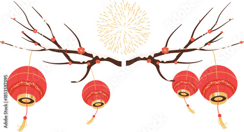 illustration of red lanterns and plum blossoms for the Chinese New Year or Mid-Autumn Festival