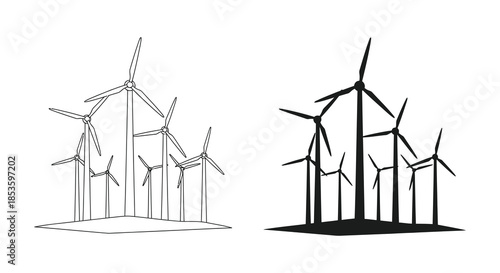 A striking contrast of wind turbine designs presented in line art and a dark silhouette