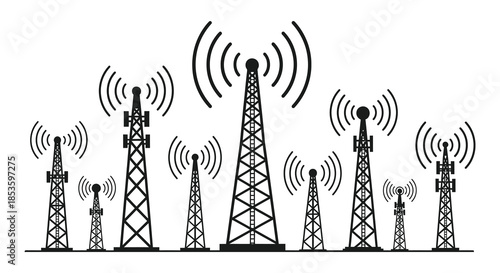 A striking landscape of communication towers broadcasting signals a bold graphic silhouette