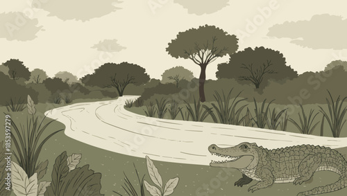 Alligator on the riverbank in a lush natural landscape.