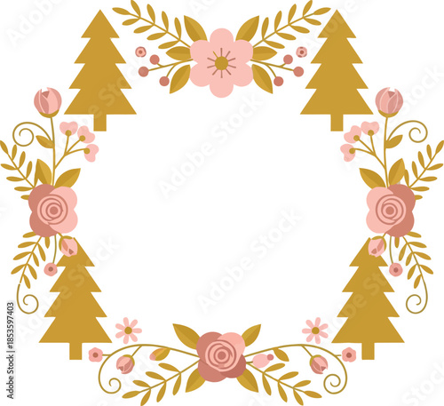 Whimsical floral christmas tree wreath with pink flowers and gold leaves on white background for holiday decoration ideas