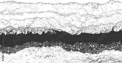 Black and white abstract textured horizontal bands with organic wavy lines and granular patterns