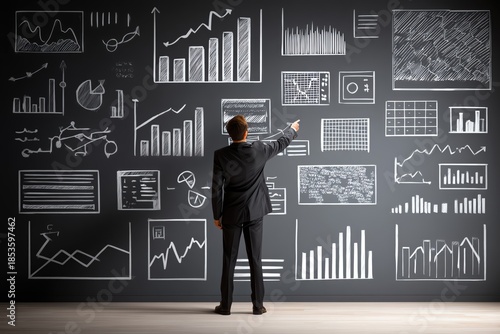 A businessman analyzing data from various graphs on a chalkboard wall.