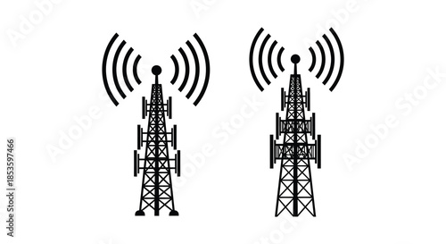 Two communication towers emitting wireless signals depicted as bold black shapes a distinct silhouette