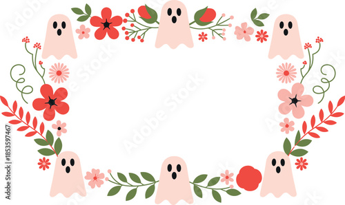 Whimsical ghostly frame with colorful flowers and leaves on white background for halloween or spooky themed designs and decorations