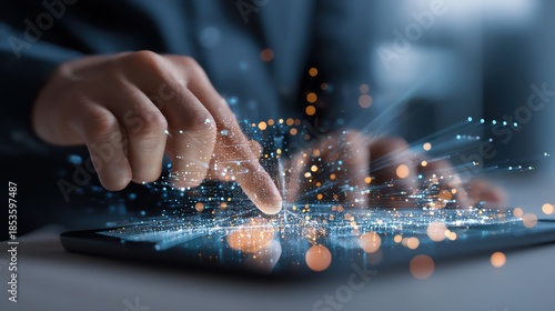 A businessman interacts with a digital interface showcasing data visualization elements.