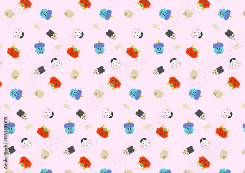 節分の鬼や豆をあしらったかわいいシームレスパターン素材（ピンク）