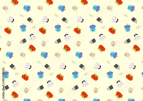 節分の鬼や豆をあしらったかわいいシームレスパターン素材（クリーム色）