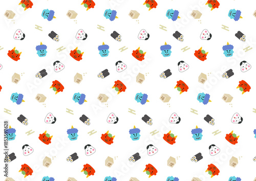 節分の鬼や豆をあしらったかわいいシームレスパターン素材