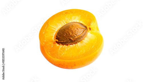 Close-up of a halved, vibrant orange fruit with a dark seed, isolated on black