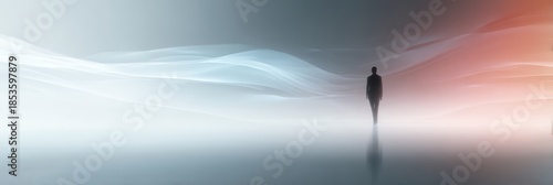 A solitary figure stands in a dreamlike landscape, evoking contemplation and introspection.