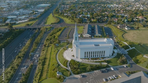 Aerial view of the Auckland New Zealand Temple, a sacred building for members of The Church of Jesus Christ of Latter-day Saints, for worship and religious ceremonies.