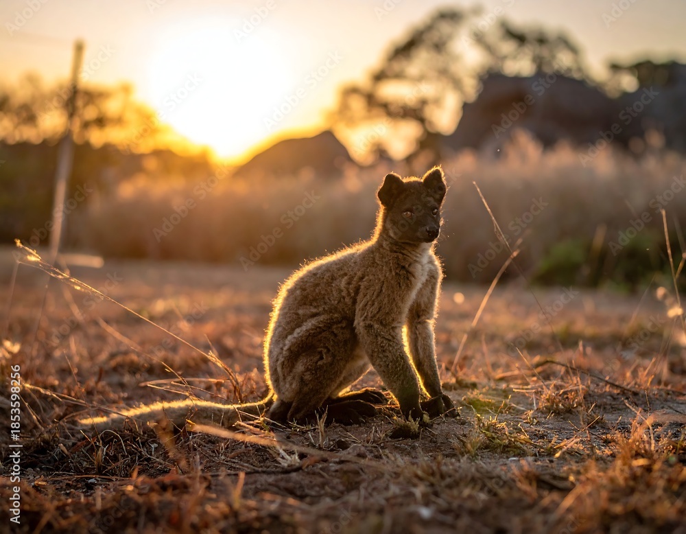 Fototapeta premium Small mammal, backlit by setting sun, rests on the golden ground