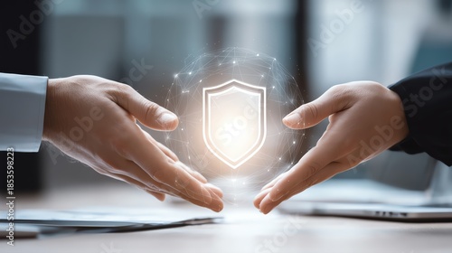 Two hands exchanging a digital security shield symbolizing trust and protection.