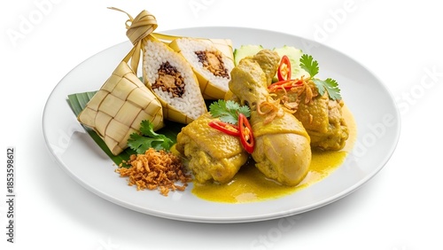 Ketupat and opor ayam beautifully arranged on a plate with garnishes and sauce