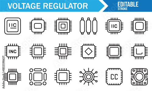 Voltage regulator and IC chip outline icons set