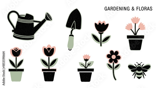 Whimsical Collection of Garden Tools, Potted Flowers, and Nature Elements Illustrations