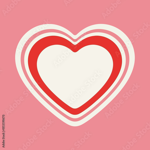 A stylized heart graphic with concentric red and white outlines on a soft pink background