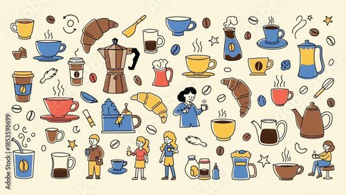 Vibrant hand-drawn coffee shop essentials and morning drink items collection for cafe designs