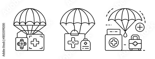 Emergency medical supply delivery by parachute outline icons for aid