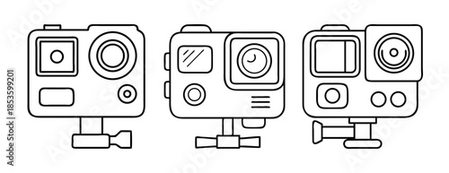 Line art illustration of action cameras with mounts for adventure sports