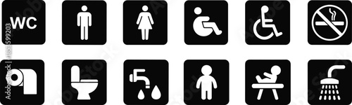Public restroom bathroom icon set, with wc toilet wash basin shower accessibility hygiene symbols flat vector illustration isolated background