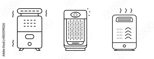 Home air treatment appliance icon set, humidifier, purifier, heater device