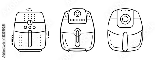 Air fryer kitchen appliances outline icon set for healthy modern food.