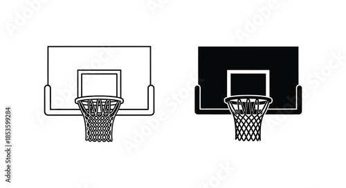 Two basketball hoops are displayed one outlined and one presented as a dark silhouette
