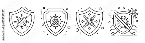 Cyber security shield icons representing antivirus and malware protection.