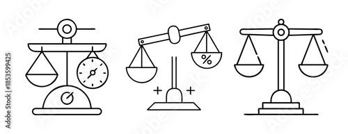 Three distinct line art balance scales depicting justice, finance, time