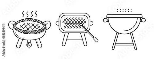 Barbecue grills line art vector icons. outdoor cooking equipment for summer.