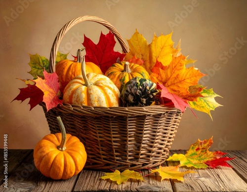 A wicker basket overflowing with pumpkins, pinecone, and colorful autumn foliage